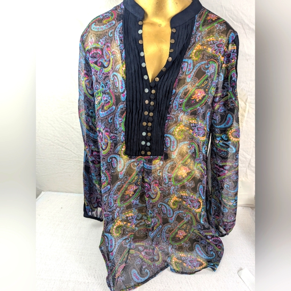 KAS NEWYORK Colorful Paisley Long Sleeve Sheer Blouse Studs Front/Sleeves Large